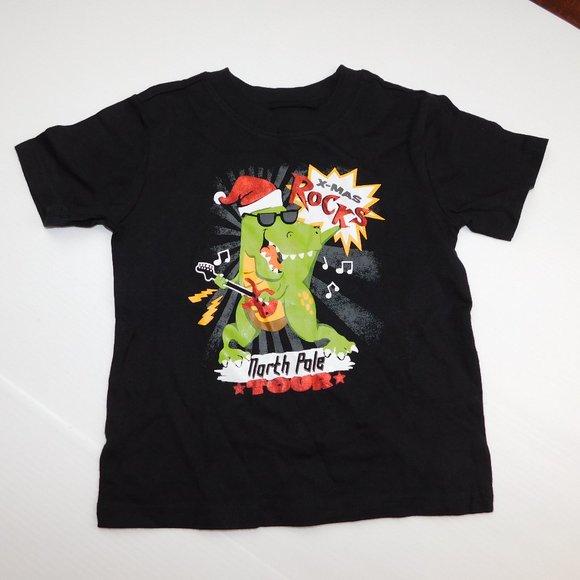 Wonderkids Boys 3T X-Mas Rocks North Pole Tour Rocking Dinosaur T Shirt Black - Picture 1 of 8